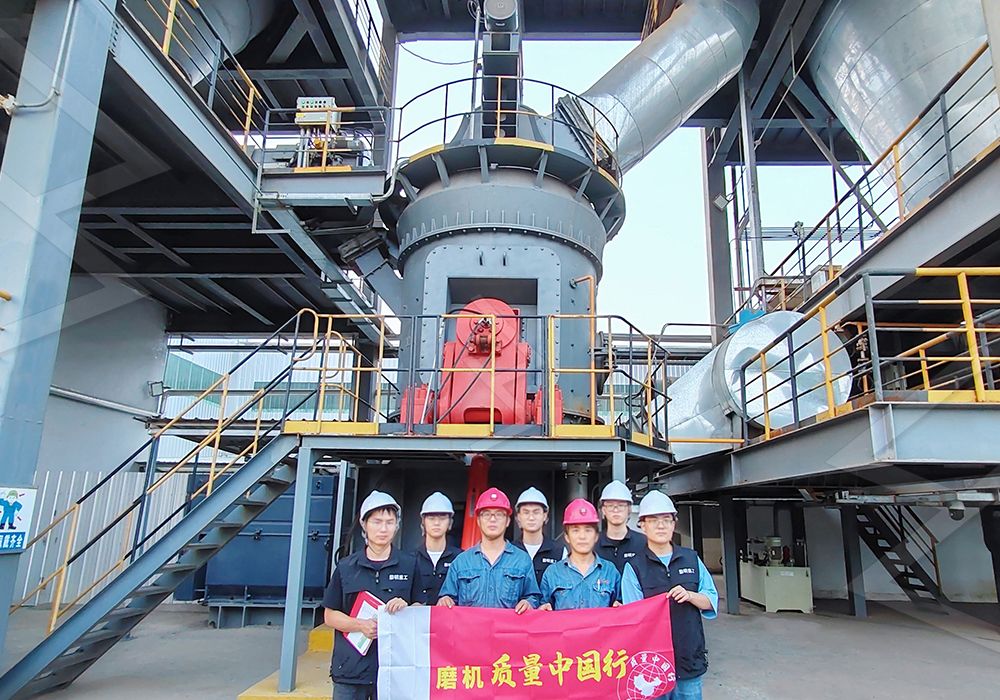 Overview of a modern iron ore slag grinding mill plant with conveyors and storage silos