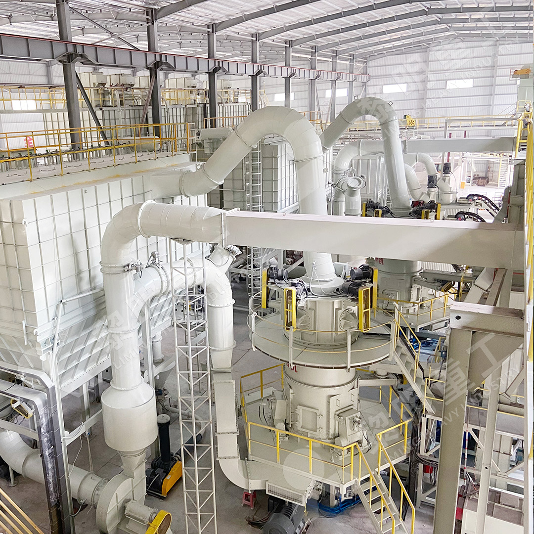 Complete Raymond mill plant layout showing classifier, cyclone, and dust collector