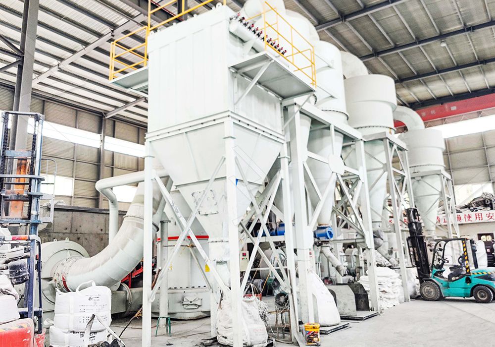 Quartz sand grinding mill in operation showing fine powder output